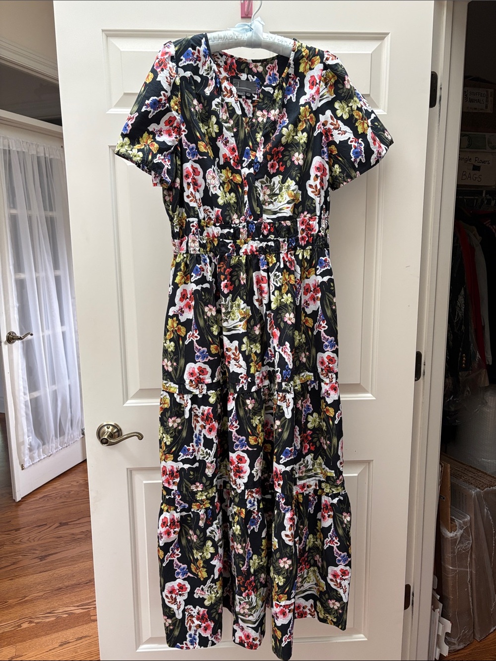 Anthropologie The Somerset Maxi Dress Short Sleeve Black Floral Smocked Waist XL - Picture 3 of 11
